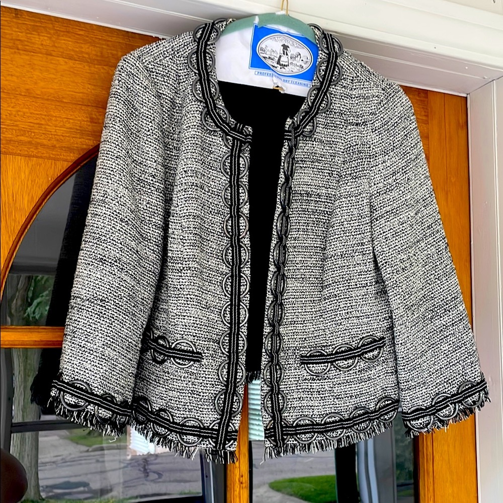 Worth white and black tweed jacket with gunmetal details